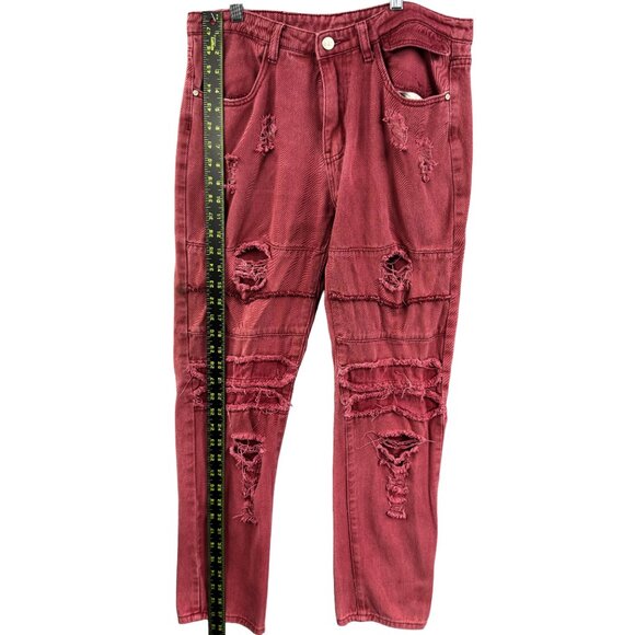 WEEN CHARM Mens Red Distressed Moto Biker / Skater Jeans Slim 32 Grunge Thrashed - Picture 6 of 10